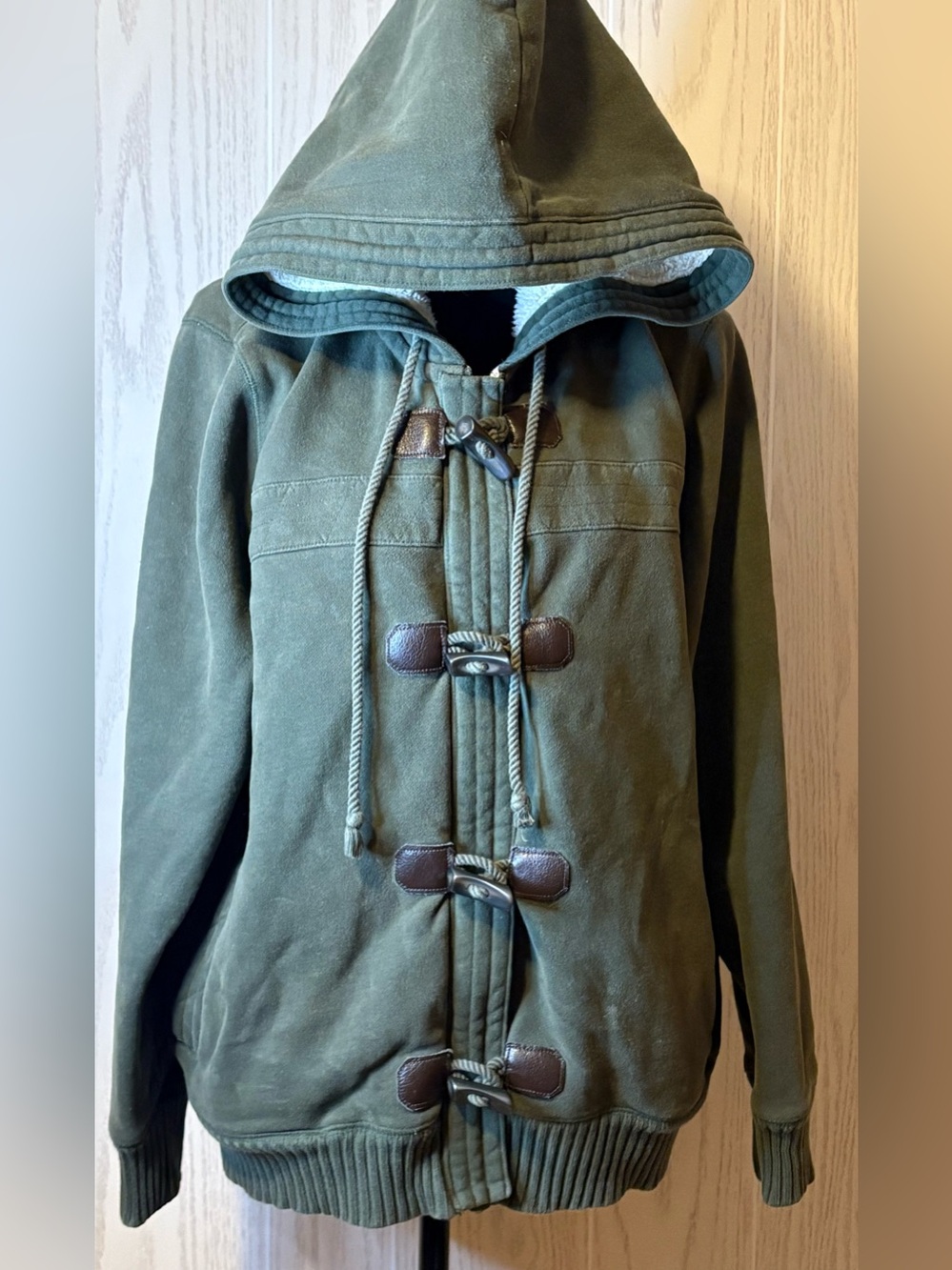 Green bomber jacket sweat shirt with hood Old Navy XL Toggle buttons Y2K